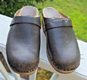 Troentorp Da Vinci Clogs EU 36 US 6 Cognac Brown Leather Swedish Wood Sole Boho